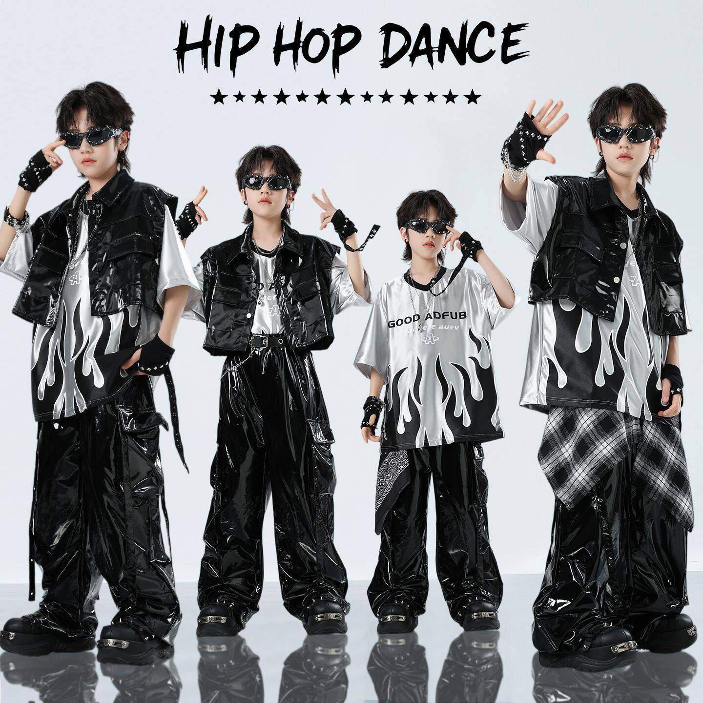 街舞儿童潮服演出服男孩套装hiphop少儿嘻哈女孩皮衣爵士舞演出服