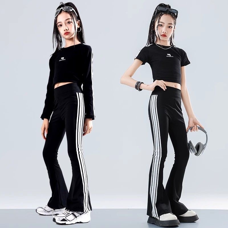 爵士舞女童服装夏季黑色显瘦修身喇叭打底裤紧身瑜伽裤舞蹈练功服
