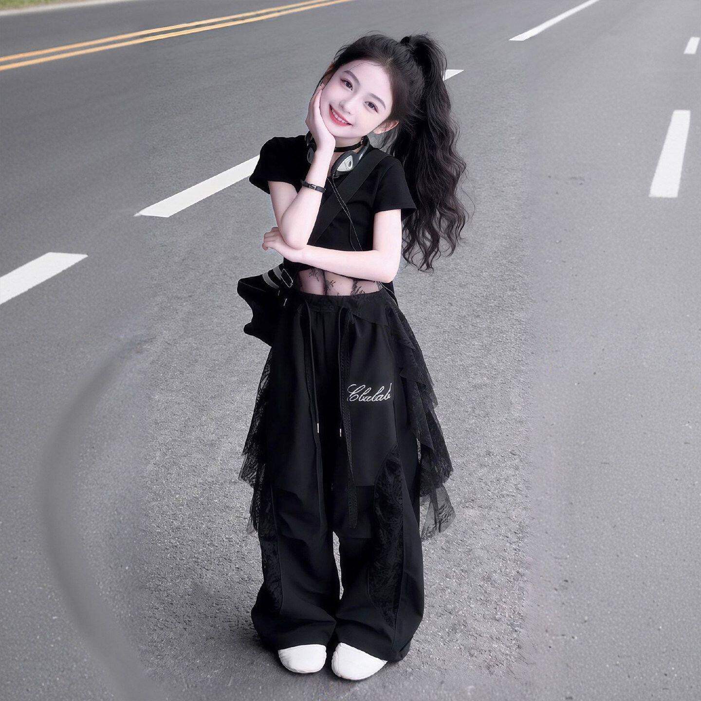 女童爵士舞工装裤套装儿童美式黑色裤子女孩夏季街舞服装走秀两件
