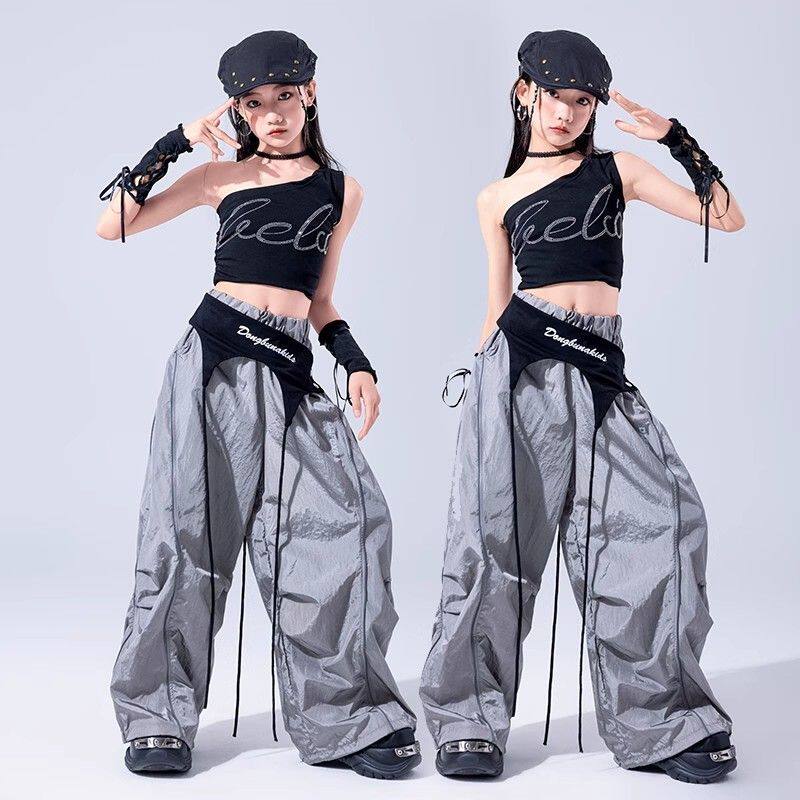 少儿爵士舞服装女孩时髦潮酷斜肩hiphop街舞套装儿童jazz演出服夏