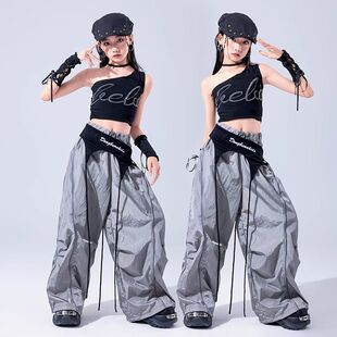 少儿爵士舞服装女孩时髦潮酷斜肩hiphop街舞套装儿童jazz演出服夏