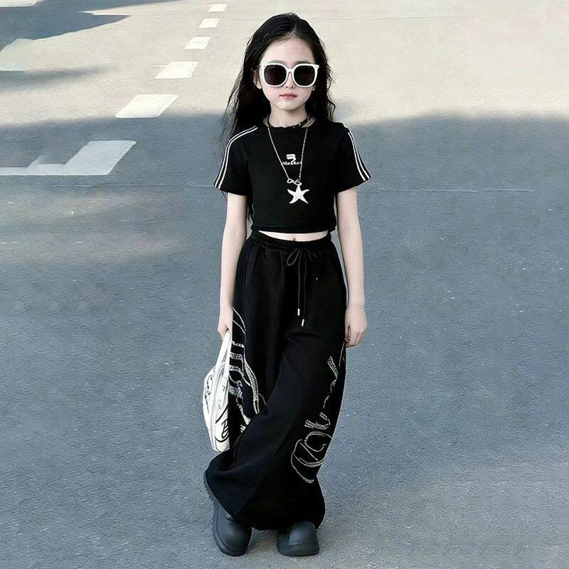 爵士舞服装女童夏季黑色短袖套装练功显瘦儿童hiphop街舞潮服表演图片