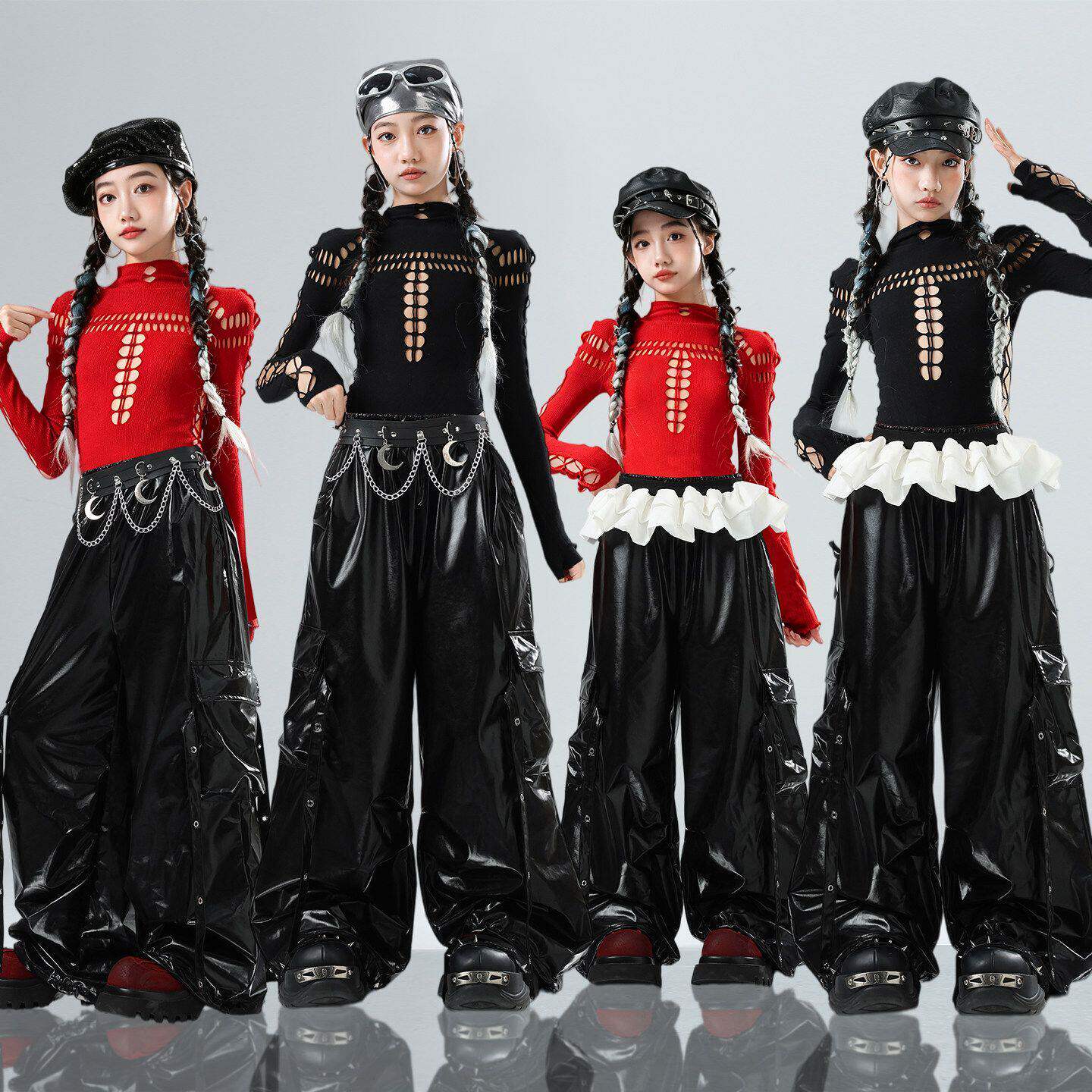 女童爵士舞服装街舞潮服嘻哈hiphop炸街黑色长裤模特走秀镂空套装