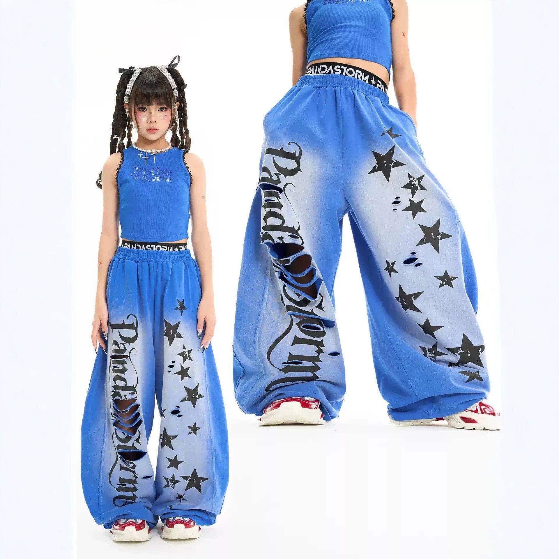 儿童嘻哈复古做旧女童爵士舞夏季休闲运动hiphop卫裤长裤表演出服