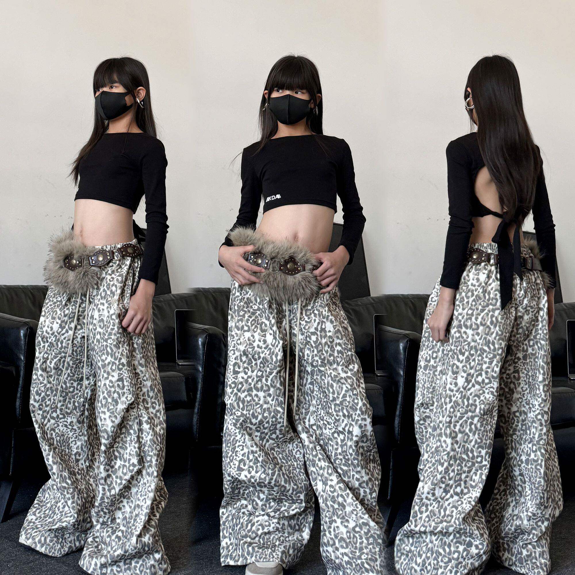 春秋新款女童爵士舞露背上衣皮草腰封豹纹裤子少儿街舞演出服套装