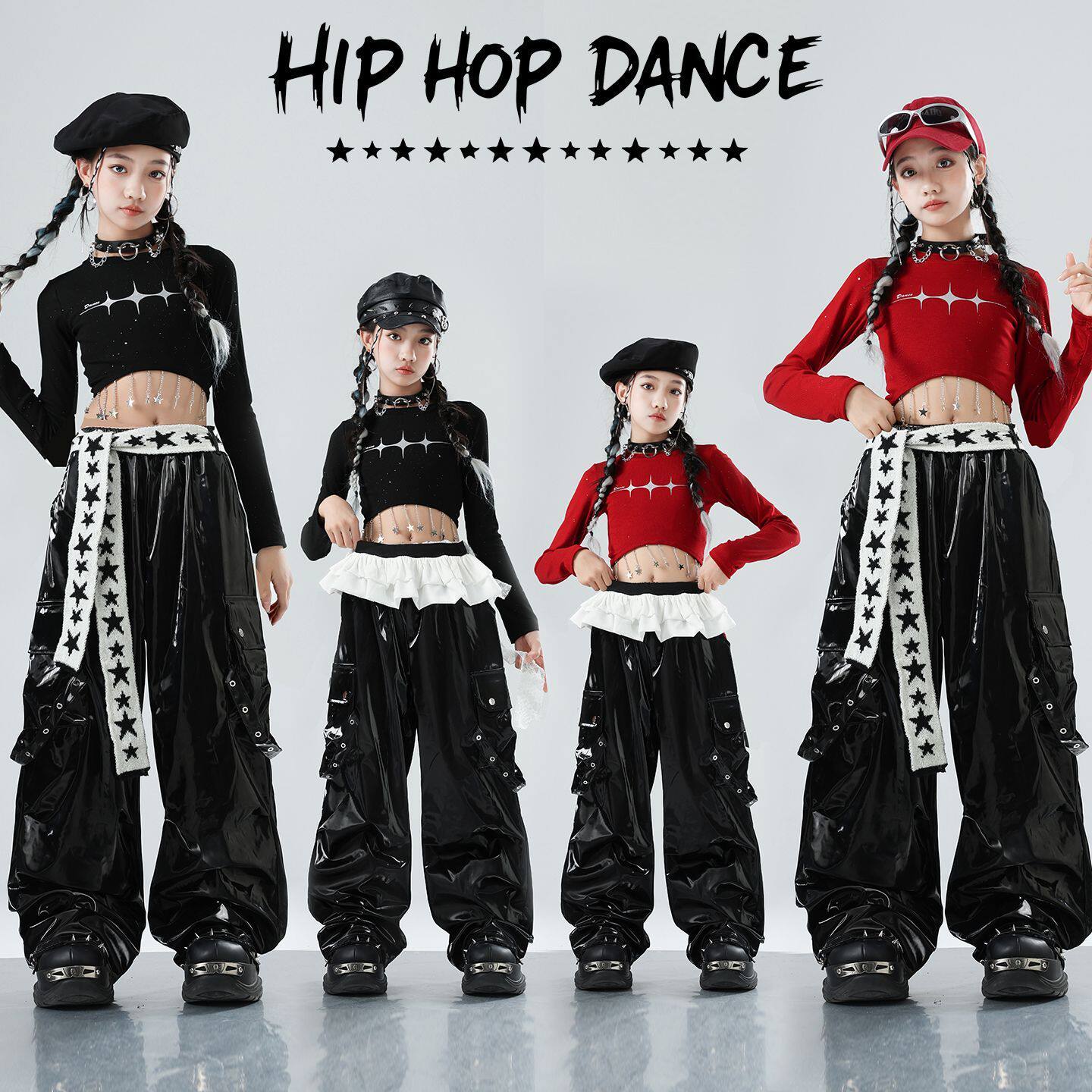爵士舞女童服装黑色jazz舞蹈练功服街舞甜酷风女孩走秀儿童演出服