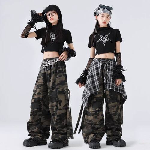 少儿爵士舞女童服装儿童街舞jazz露脐上衣女孩迷彩裤走秀演出服潮