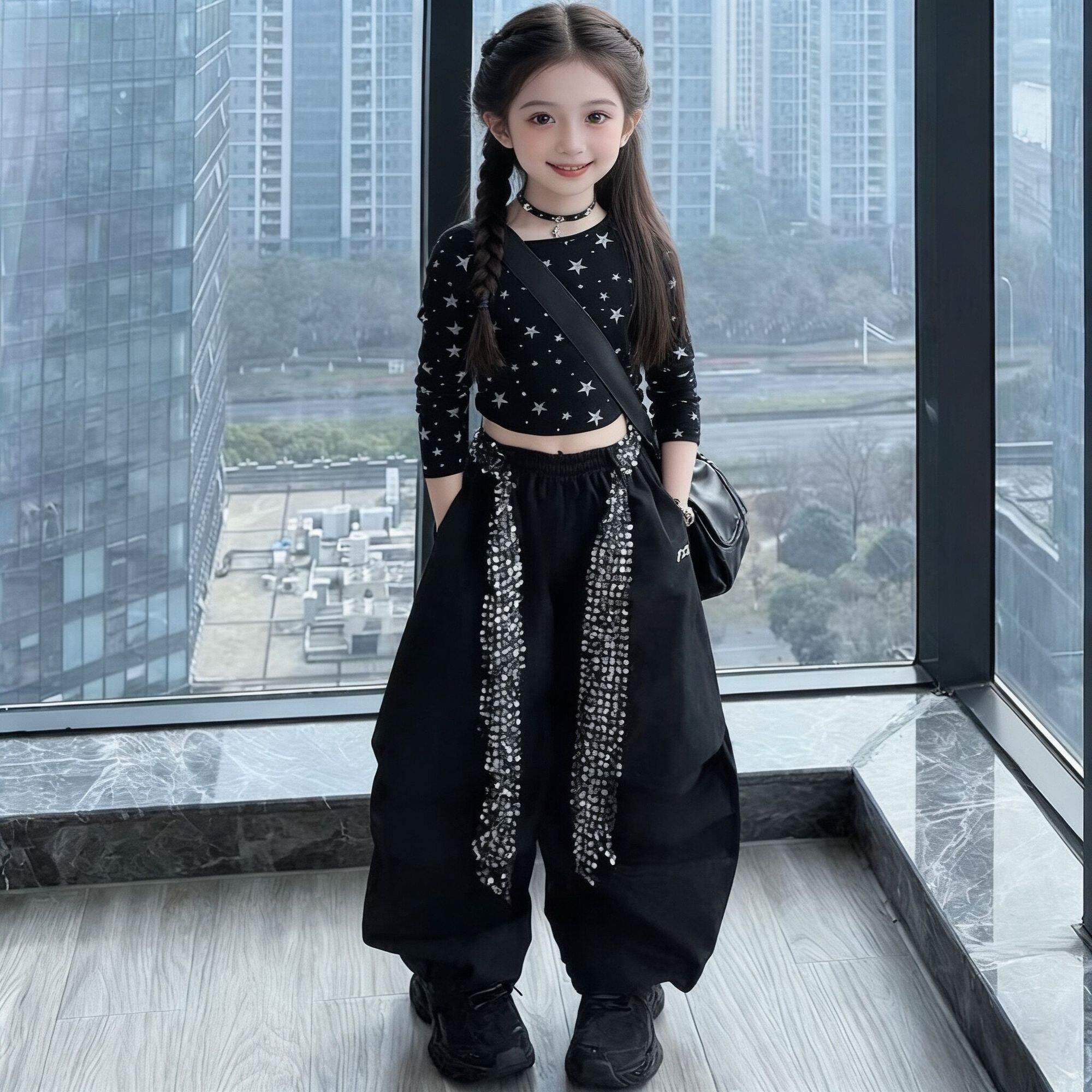 女童甜酷风一字肩露脐星星短T恤伞兵工装裤儿童爵士舞蹈表演套装