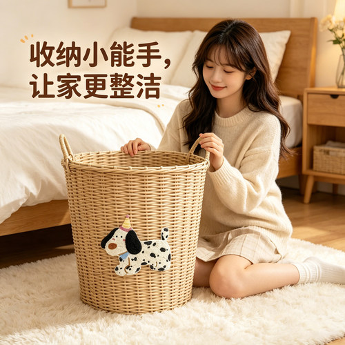 大容量可爱小狗塑编手工脏衣篓家用脏衣服收纳筐ins风浴室卧室用