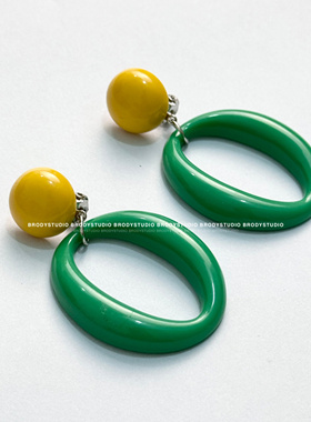 港风氛围感法式油画风黄绿撞色夸张几何椭圆耳环耳饰耳夹无耳洞女