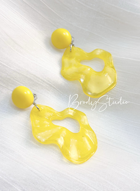 黄色法式不规则亚克力耳环巴洛克复古冷淡风耳饰耳夹无耳洞女