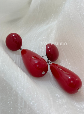 复古红色水滴耳环法式宫廷风夸张港风小众设计气质晚宴耳钉耳饰女