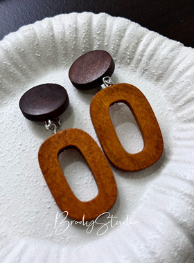 复古棕色几何木质耳环女小众设计感高级轻奢气质耳饰耳夹无耳洞