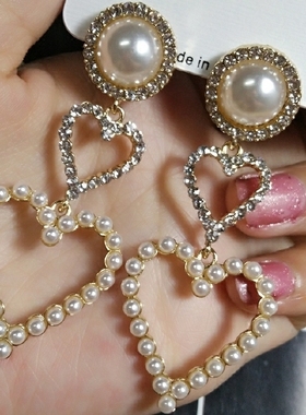 包邮韩国简约爱心珍珠耳环长款吊坠甜美复古桃心耳坠个性潮人耳饰