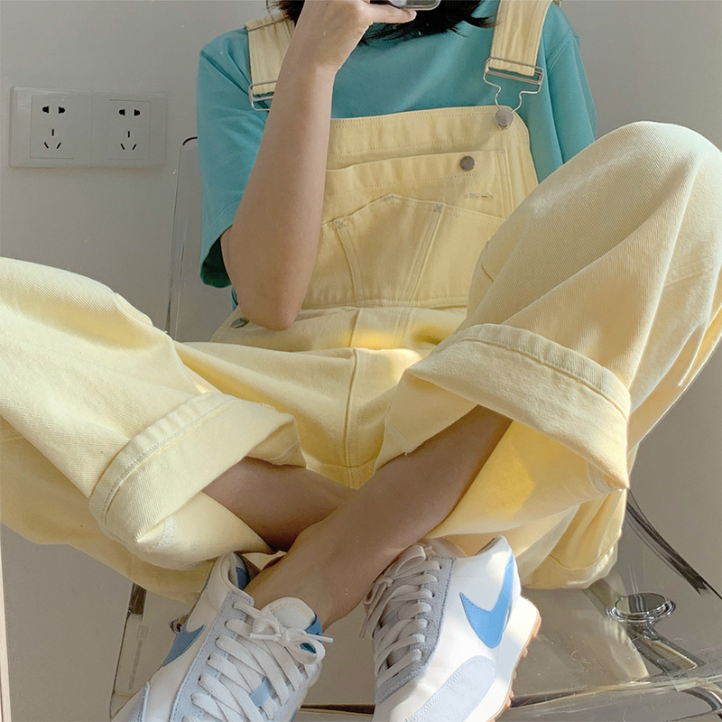 老熊奶油黄牛仔背带裤女夏季胖妹妹mm宽松显瘦阔腿连体裤2022新款