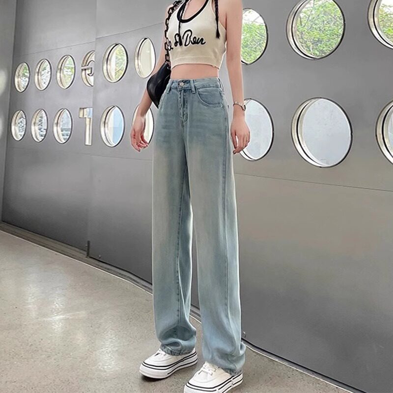 三只老熊新款天丝牛仔裤子女胖大码显瘦高腰直筒冰丝阔腿裤夏薄款