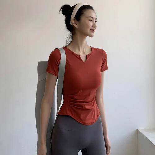 修身v领运动短袖女薄款健身上衣