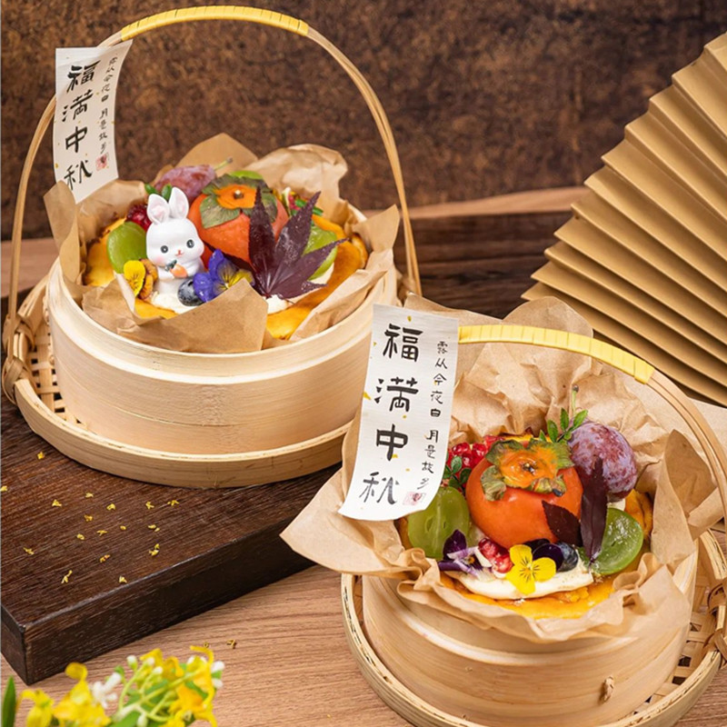 中秋节竹蒸笼手提小竹篮蛋糕装饰