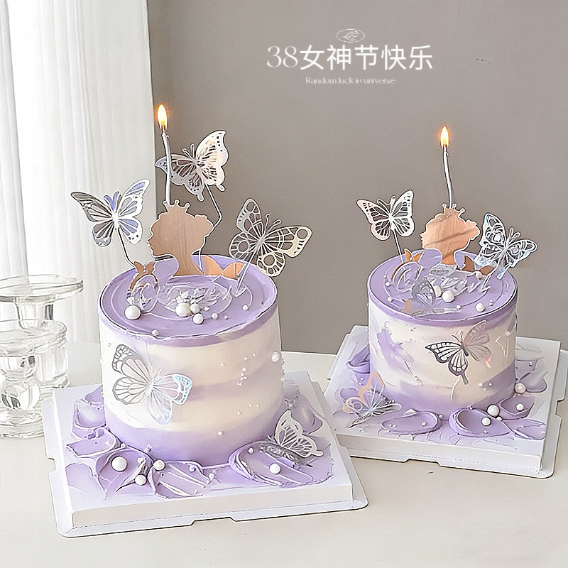 38女神节蛋糕装饰摆件幻彩蝴蝶皇冠背影女王三八妇女节亚克力插件