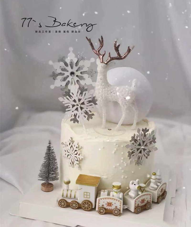 闪粉水晶圣诞麋鹿小鹿蛋糕装饰摆件网红女神生日插件银色树叶皇冠