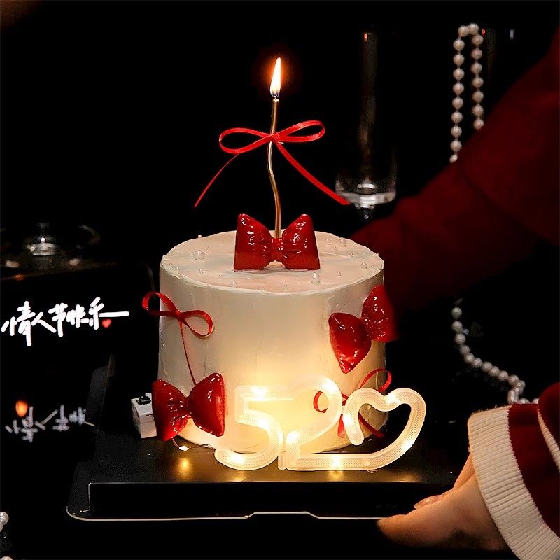 214情人节蝴蝶结蛋糕装饰亮面涤纶红丝带曲线蜡烛插件520灯带装扮