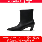 hunnz2025秋冬混种羊皮小方头高跟极简短靴女猫跟裸靴气质及踝靴