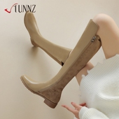 hunnz巨显瘦欧美真皮圆头拼接平底弹力长筒靴女骑士靴秋季 靴子