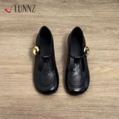 hunnz圆头复古金属扣一字带粗跟玛丽珍鞋 女百搭通勤浅口小单鞋