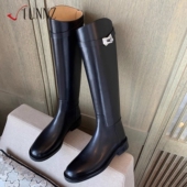 hunnz真皮黑色长筒靴女2024新款 秋冬圆头法式 高筒骑士靴DL324