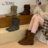 hunnz复古低跟尖头西部牛仔堆堆靴女秋冬新款 马丁靴百搭瘦瘦靴