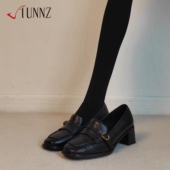 女一脚蹬中口黑色通勤英伦中跟单鞋 hunnz法式 方头真皮粗跟乐福鞋