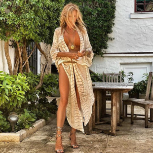 欧美风沙滩外套度假旅游防晒外搭豹纹条纹比基尼罩衫 裙女 雪纺开衫