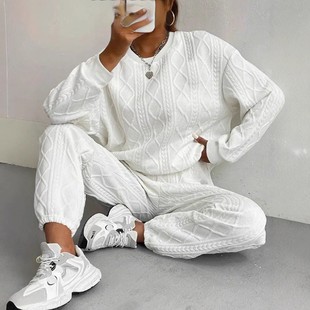 欧美风秋冬女圆领长袖针织套装宽松休闲运动服两件套卫衣长裤套装