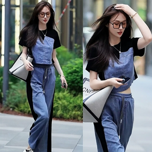 Джинсовый комплект, футболка, штаны, европейский стиль, короткий рукав, свободный крой, высокая талия