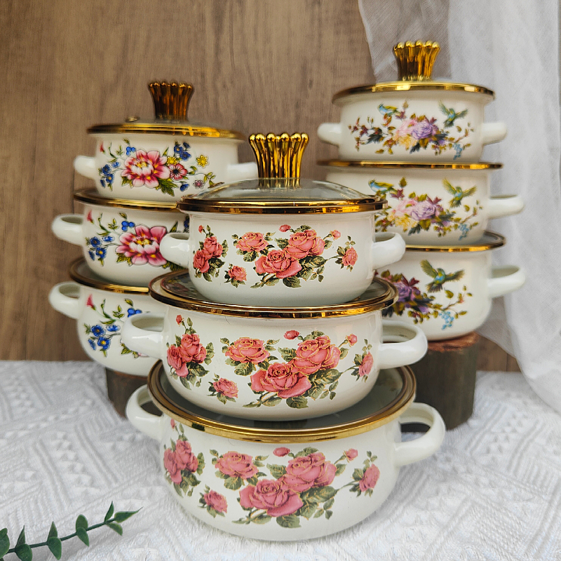 小兰花搪瓷三件套汤锅加厚双耳珐琅烹饪锅多用途煤气电磁炉通用锅