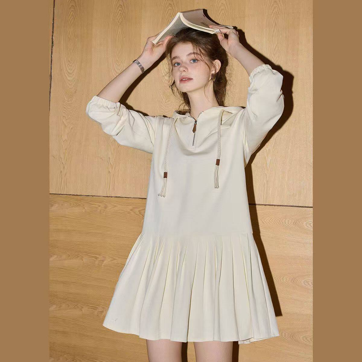 中长款长袖女卫衣高个子穿搭时尚甜美风米黄色连帽亲肤凉感卫衣裙