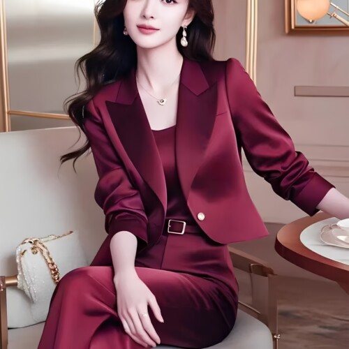 小香风酒红色西装职业穿搭套装女