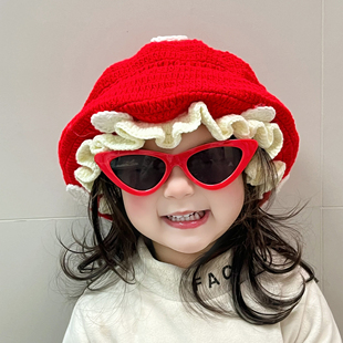 可爱卡通蘑菇小红帽子秋冬保暖手工针织毛线渔夫帽花边波点贝雷帽