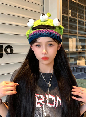 卡通绿色毛线帽子搞怪可爱三眼仔帽秋冬护耳帽保暖针织冷帽潮男女