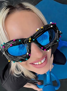 欧美街头不规则设计感针珠墨镜女