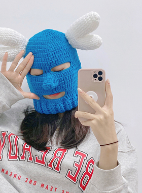 蓝色驼鹿帽子女可爱针织毛线ins风网红拍照搞笑宿舍闺蜜时髦头套