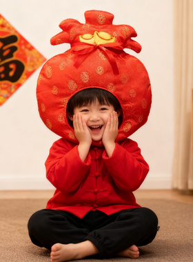 福气满满~新年红色可爱搞怪福袋头套帽子儿童喜庆拍照头饰道具潮