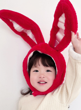 喜庆红色兔子耳朵头套帽子儿童亲子成人可爱搞怪摄影写真拍照道具