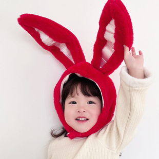 喜庆红色兔子耳朵头套帽子儿童亲子成人可爱搞怪摄影写真拍照道具