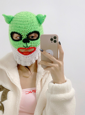 搞怪可爱狗先生造型头套帽子绿色脸基尼个性冷帽男手工针织毛线帽