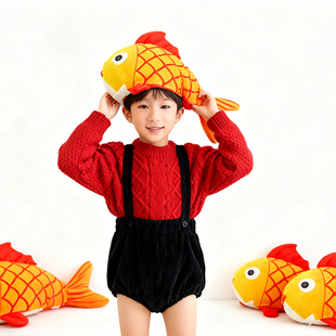 2026好运锦鲤头套帽子新年吉祥祝福鱼跃龙门头饰儿童拍照演出道具