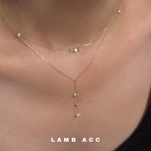 LAMB ACC 三滴泪 超闪S925通体纯银镀金锆石流苏叠戴项链锁骨链