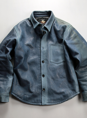 2025秋装新款小众蓝色羊皮衬衫 休闲随性翻领真皮夹克简约外套