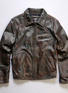 1930黄牛皮夹克男翻领做旧复古机车日系水洗真皮皮衣