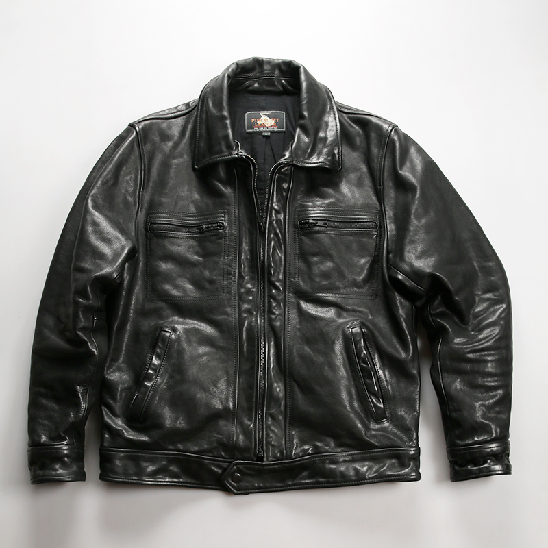 皮特同款无涂植鞣黄牛皮夹克 欧美复古休闲翻领皮衣简约帅气外套